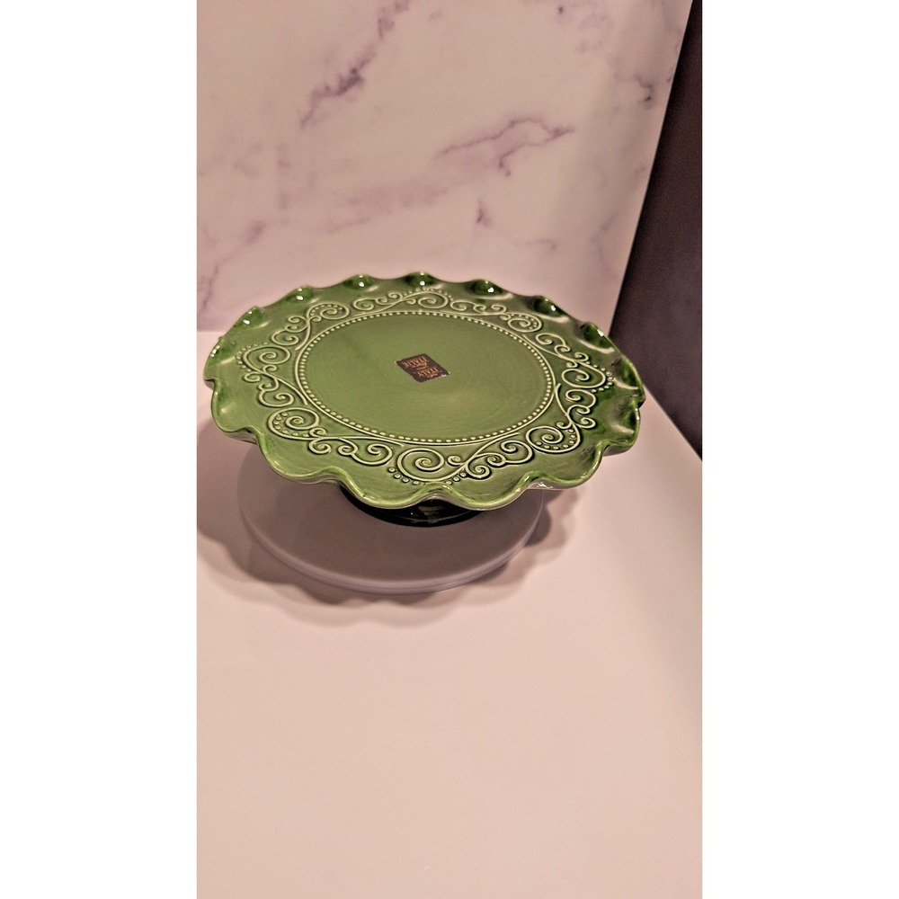 Maioliche Jessica Cake Stand 11" Green‎ Ceramic Made in Italy Scalloped Edge New